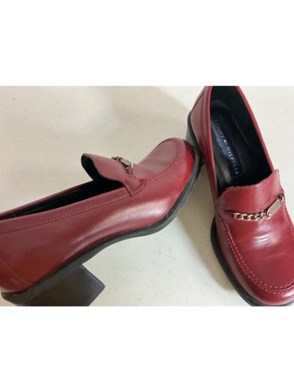 Tommy Hilfiger Red Leather Chunky Heel Loafers Y2K Square Toe Womens 6